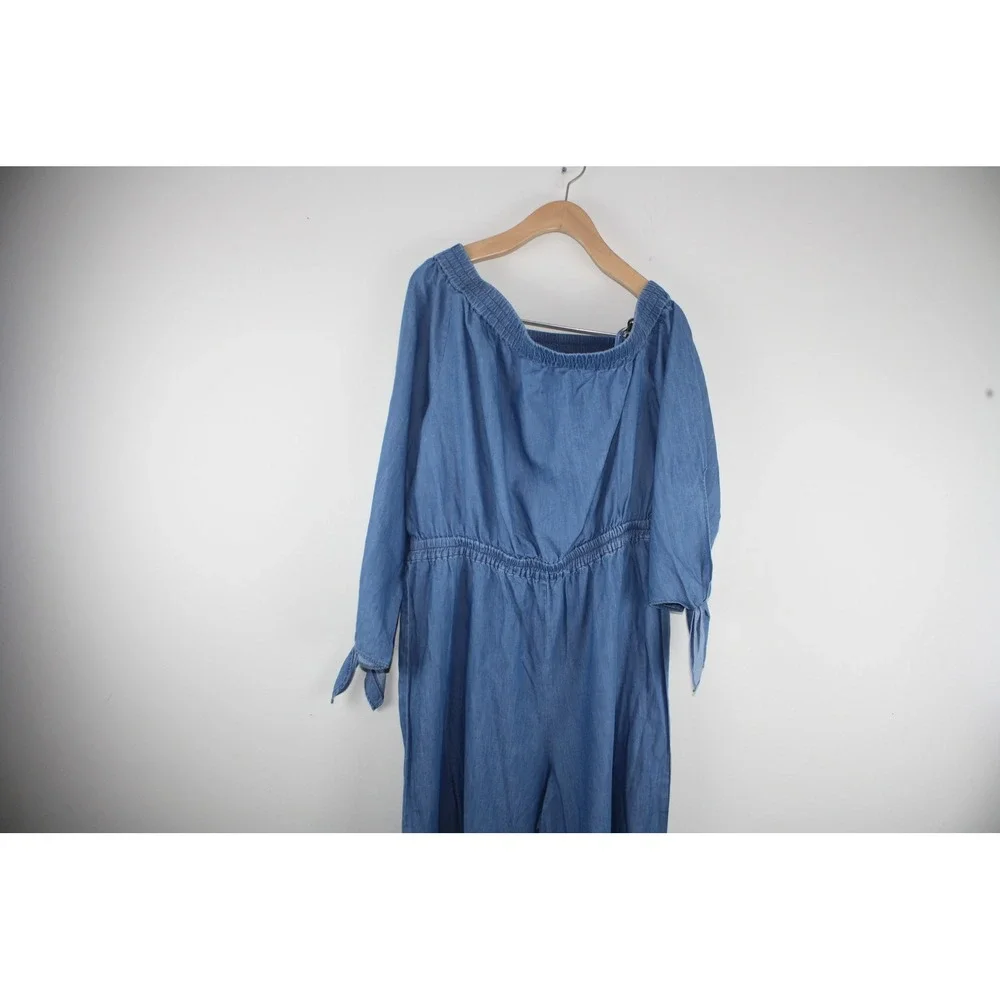 Michael Kors Womens Off Shoulder Denim Jumpsuit Light Cadet Wash MS280Y99HH L